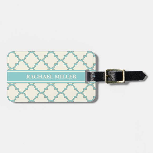 Étiquette À Bagage Monogramme moderne Quatrefoil Motif ivoire Turquoi (Devant horizontal)