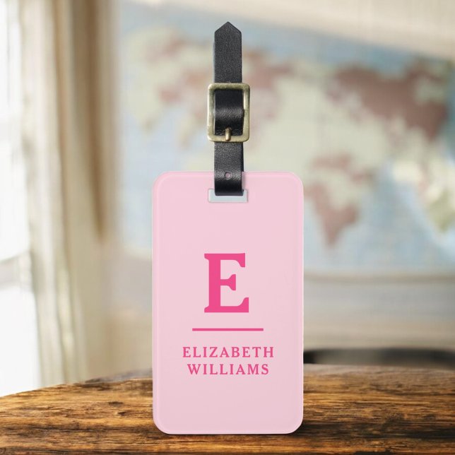 Étiquette À Bagage Monogramme moderne rose chaud (Créateur téléchargé)