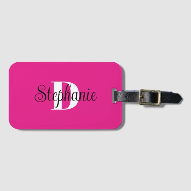 Étiquette À Bagage Monogramme moderne rose chaud noir et blanc (Devant Horizontal)