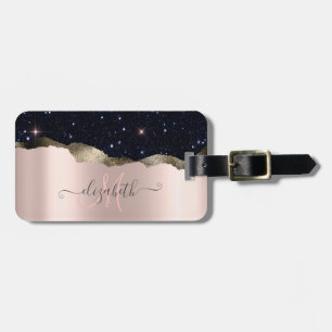 Étiquette À Bagage Monogramme Moderne Rose Gold Pailleté Noir
