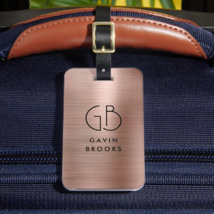 Étiquette À Bagage Monogramme moderne Rose or élégant brossé métal