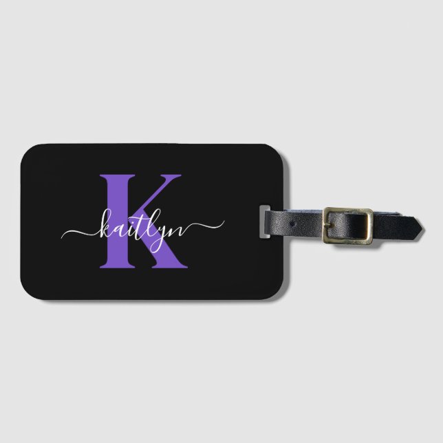 Étiquette À Bagage Monogramme Moderne Violet Noir Script (Devant Horizontal)
