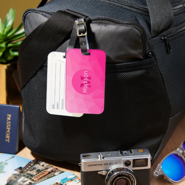 Étiquette À Bagage Monogramme Motif à maillage géométrique rose chaud (Recto & Verso)
