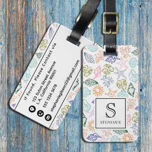 Étiquette À Bagage Monogramme motif coquillages colorés dessinés à la