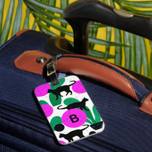 Étiquette À Bagage Monogramme Motif de chats noirs et de cactus moder