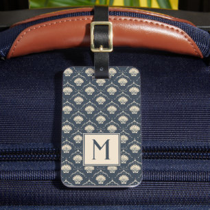 Étiquette À Bagage Monogramme Motif de coquillage bleu profond et crè