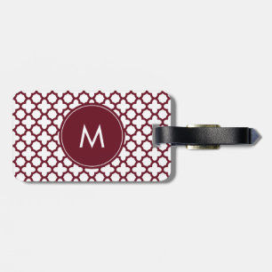Étiquette À Bagage Monogramme Motif de quatrefoil bordeaux et blanc