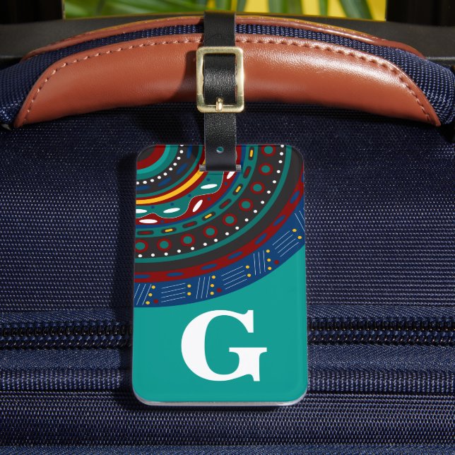 Étiquette À Bagage Monogramme, Motif d'inspiration tribale, Turquoise (Insitu Rectoal 2)