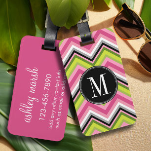 Étiquette À Bagage Monogramme Motif rose chaud, chaux et noir de Chev