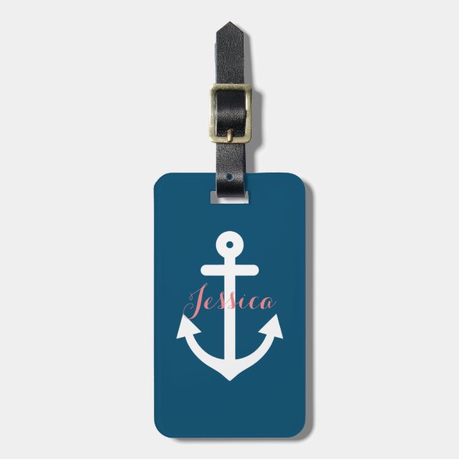 Étiquette À Bagage Monogramme nautique d'Ancre de bleu marine (Devant Vertical)