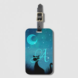 Étiquette À Bagage Monogramme noir chat étoile ciel illustration