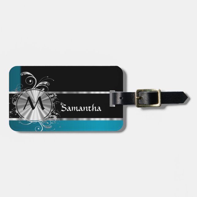 Étiquette À Bagage Monogramme noir et argenté turquoise (Devant horizontal)