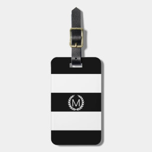 Étiquette À Bagage Monogramme noir et blanc de guirlande de laurier