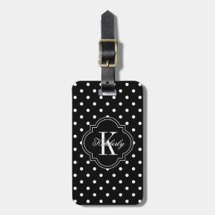 Étiquette À Bagage Monogramme noir et blanc de point de polka