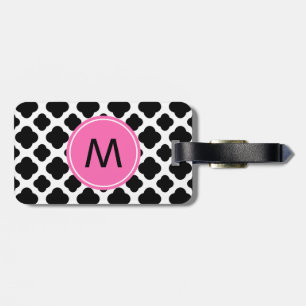 Étiquette À Bagage Monogramme noir et blanc Quatrefoil avec rose chau