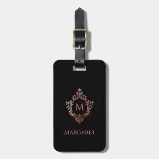 Étiquette À Bagage Monogramme Noir Rose Initiale & Blason Élégant Orn