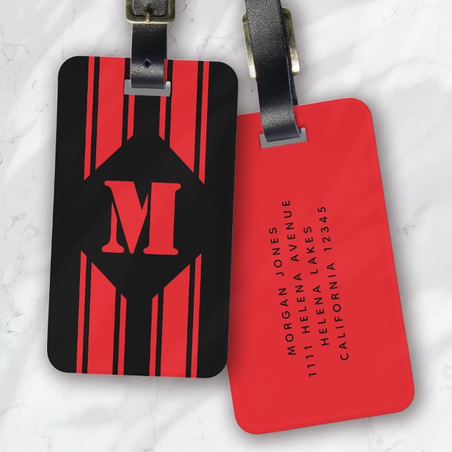 Étiquette À Bagage Monogramme noir rouge rayures de course (Créateur téléchargé)