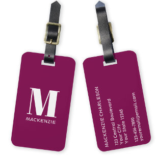 Étiquette À Bagage Monogramme Nom initial Simple Bourgogne rose