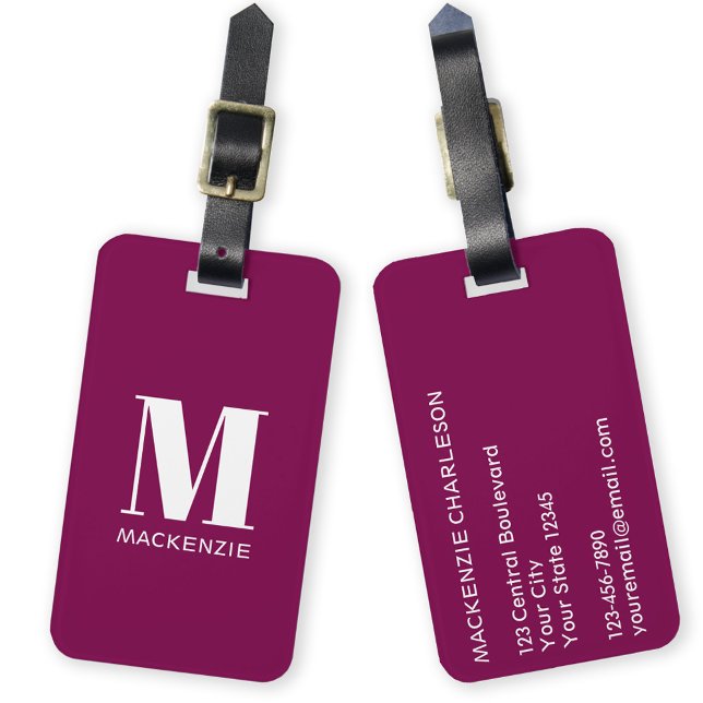 Étiquette À Bagage Monogramme Nom initial Simple Bourgogne rose (Simple monogram initial name personalized minimalist deep jewel burgundy pink luggage tag)