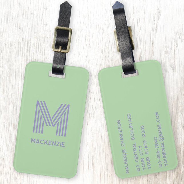 Étiquette À Bagage Monogramme Nom initial Simple Pistachio Lilac (Modern striped monogram initial custom name personalized luggage tag)