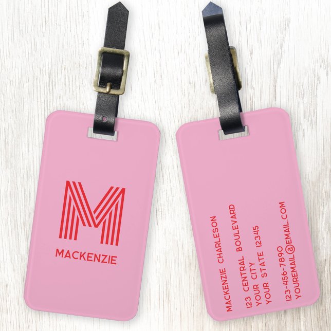 Étiquette À Bagage Monogramme Nom initial Simple Rose et Rouge (Modern striped monogram initial custom name personalized luggage tag)