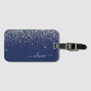 Étiquette À Bagage Monogramme Nom Paillettes Bleu Marine Argenté Fémi