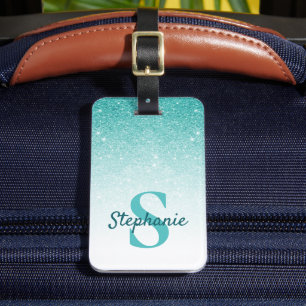 Étiquette À Bagage Monogramme Nom Parties scintillant Turquoise Étinc