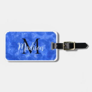 Étiquette À Bagage Monogramme Nom personnalisé initial Aquarelle bleu