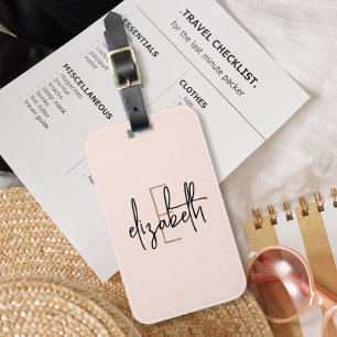 Étiquette À Bagage Monogramme Nom rose pâle minimaliste moderne