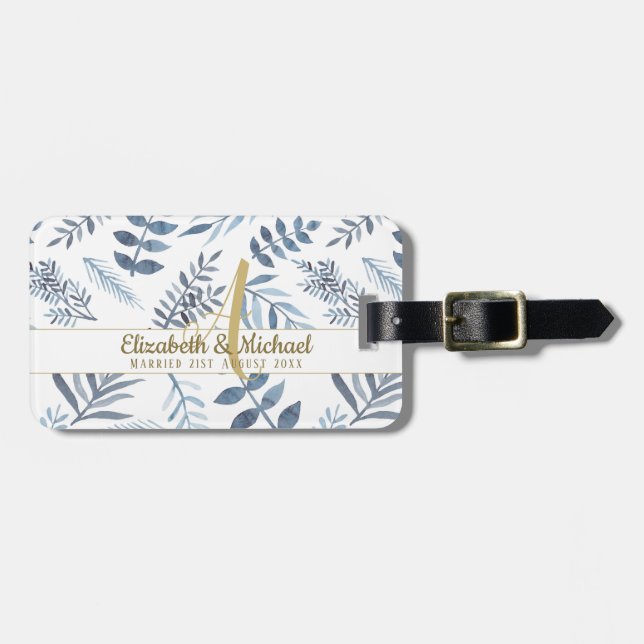 Étiquette À Bagage Monogramme or Azure Blue Botanical Feuille Mariage (Devant horizontal)