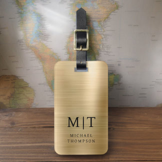 Étiquette À Bagage Monogramme Or brossé métal élégant
