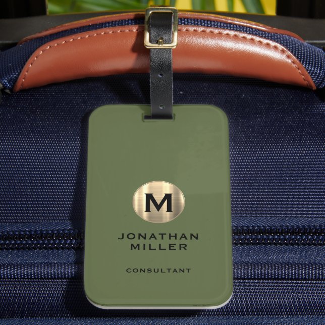 Étiquette À Bagage Monogramme Or Brossé Moderne Vert olive (Insitu Rectoal 2)