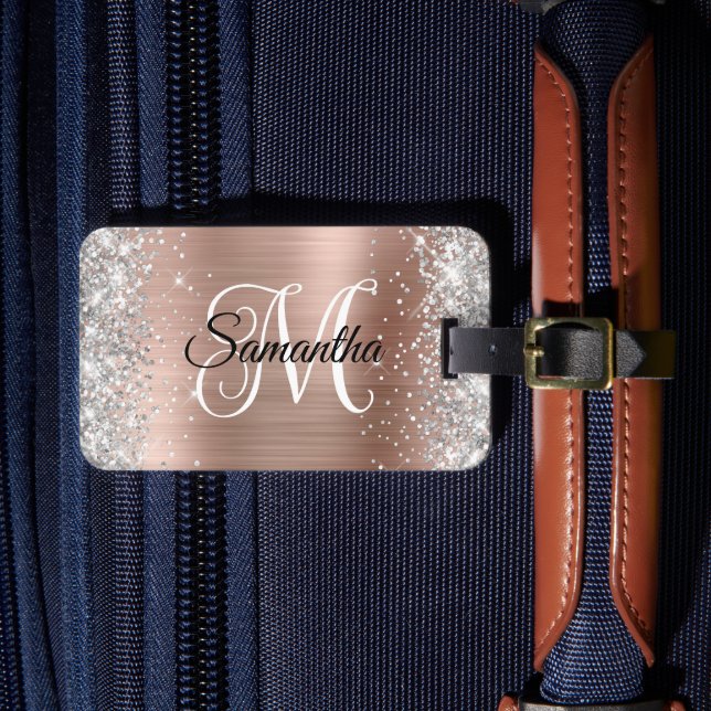 Étiquette À Bagage Monogramme or Curly Rose Parties scintillant argen (Insitu Rectoal 4)