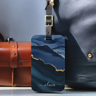 Étiquette À Bagage Monogramme or de la géode d'âge bleu marine
