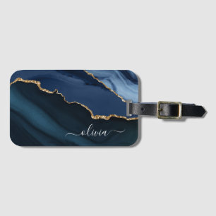 Étiquette À Bagage Monogramme Or en Géode d'Agate Bleu Marine