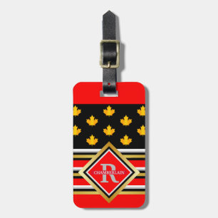 Étiquette À Bagage Monogramme patriotique or faux érable rouge et noi