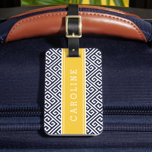 Étiquette À Bagage Monogramme personnalisé à clé grecque jaune marine (Insitu Rectoal 2)
