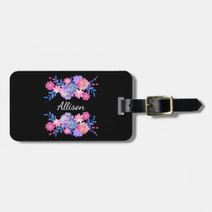 Étiquette À Bagage Monogramme personnalisé à fleurs noires