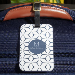 Étiquette À Bagage monogramme personnalisé bleu géométrique