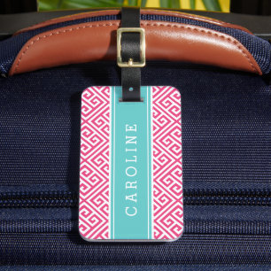 Étiquette À Bagage Monogramme personnalisé clé grecque rose et turquo
