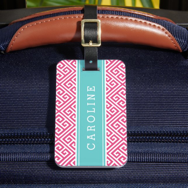 Étiquette À Bagage Monogramme personnalisé clé grecque rose et turquo (Insitu Rectoal 2)