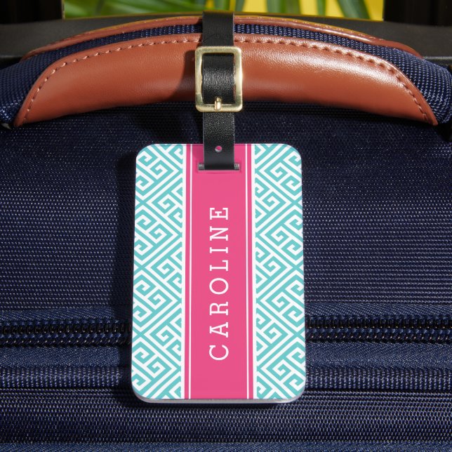 Étiquette À Bagage Monogramme personnalisé clé grecque rose et turquo (Insitu Rectoal 2)