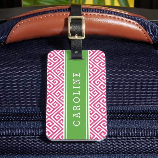 Étiquette À Bagage Monogramme personnalisé de clé grecque rose et ver (Insitu Rectoal 2)