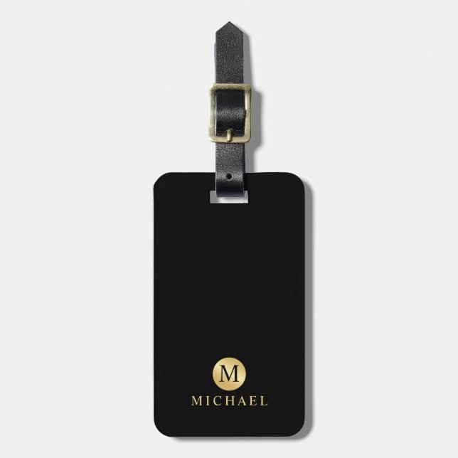 Étiquette À Bagage Monogramme personnalisé de luxe noir et or (Devant Vertical)