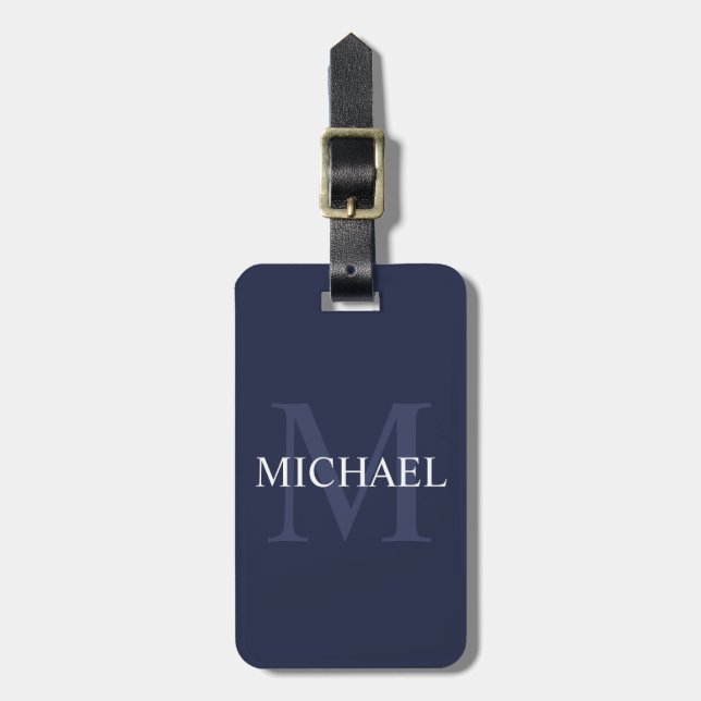 Étiquette À Bagage Monogramme personnalisé et nom Navy Blue (Devant Vertical)