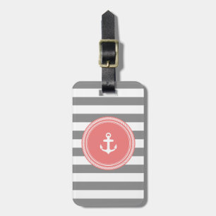 Étiquette À Bagage Monogramme personnalisé Gris et corail Nautique