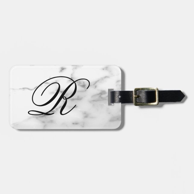 Étiquette À Bagage Monogramme personnalisé marbre blanc pierre élégan (Devant horizontal)
