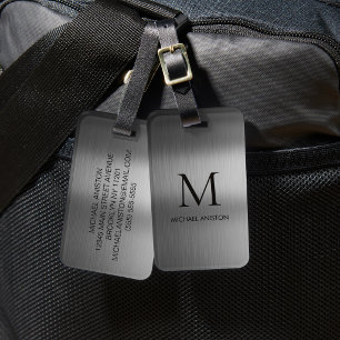 Étiquette À Bagage Monogramme personnalisé métallisé brossé noir chic