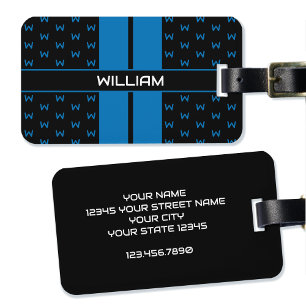Étiquette À Bagage Monogramme Personnalisé Moderne Nom Bleu Barré