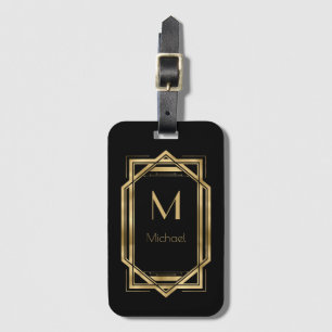 Étiquette À Bagage Monogramme personnalisé noir et or   Géométrique